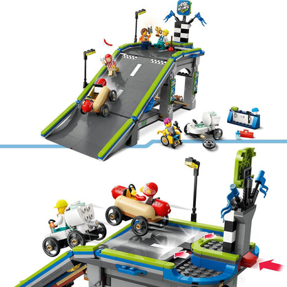 LEGO City No Limits: Conjunto de pista de rampa para carros de corrida - Brinquedos de construção para meninos e meninas com mais de 6 anos - Rampa construível para corridas com 2 carros de sabão e 4 minifiguras - Aniversário divertido
