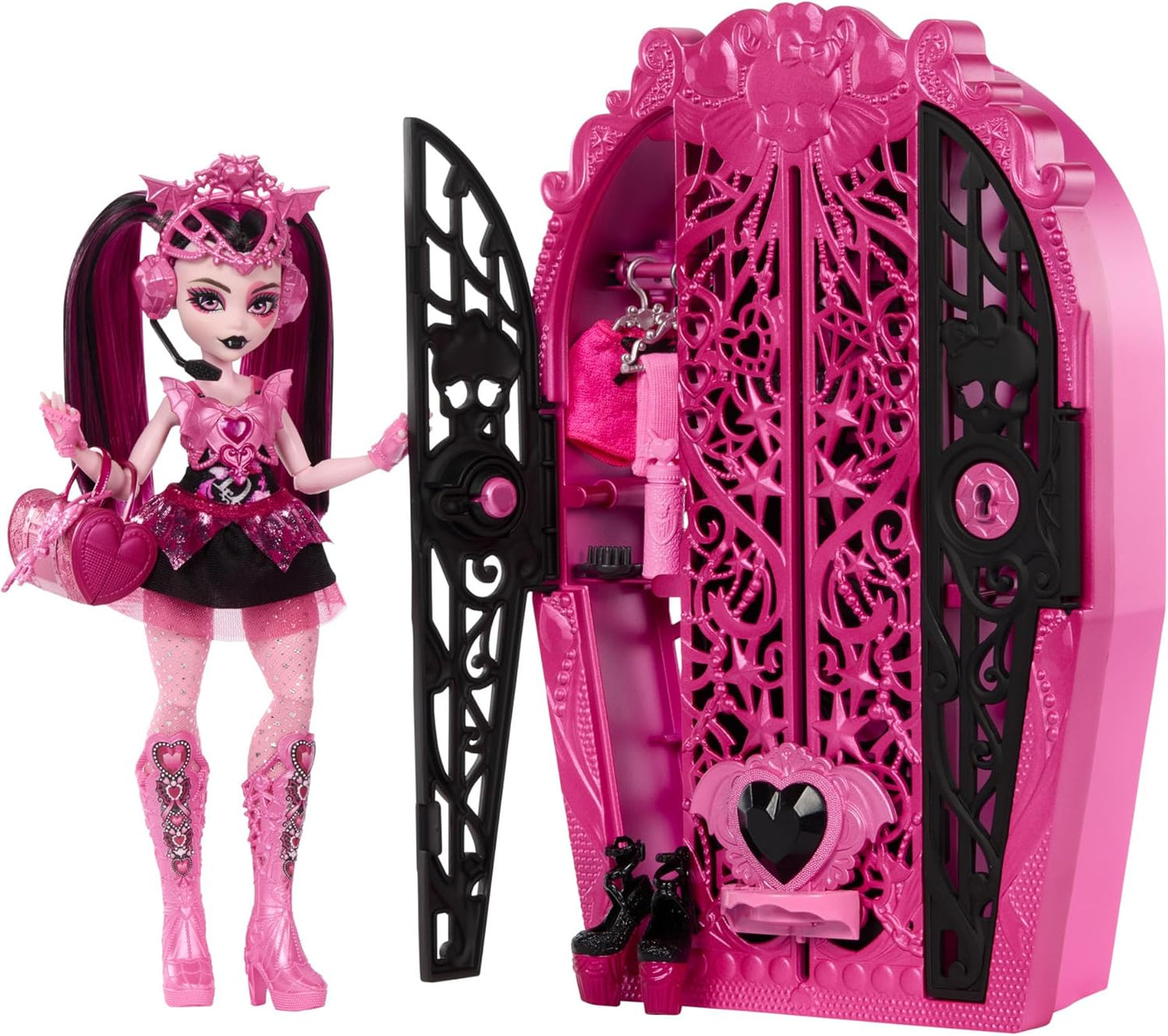 Monster High Skulltimate Secrets Juego de muñecas y accesorios, Monster Mysteries Draculaura con tocador y más de 19 sorpresas, incluida ropa de muñeca, HXH84