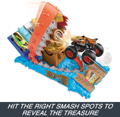 Hot Wheels  Monster Trucks Arena Smashers Treasure Chomp Challenge Playset com escala 1:64 Tiger Shark Toy Monster Truck e 1 carro esmagado,  HTP17