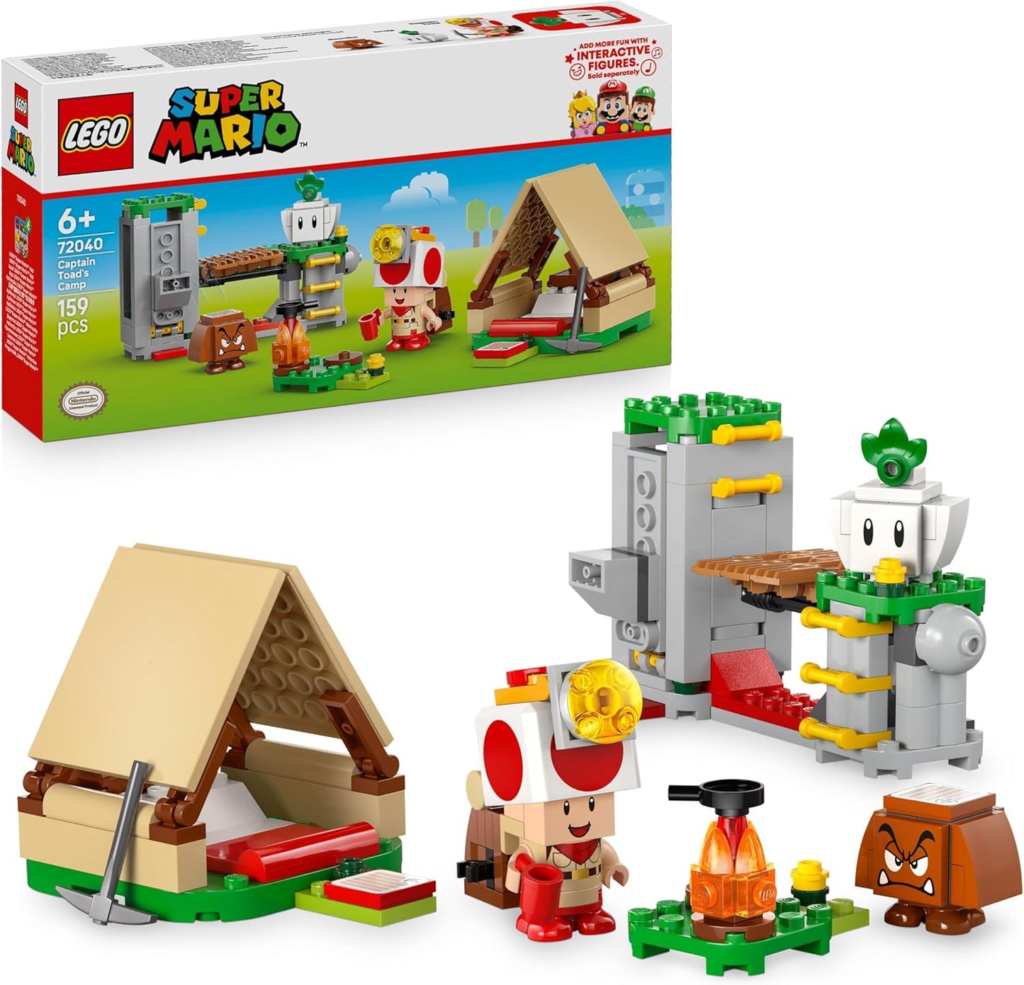 LEGO Super Mario Acampamento do Capitão Toad - Brinquedo interativo com 3 figuras, incluindo um Goomba, além de uma barraca e uma ponte que desaba - Presente para gamers a partir de 6 anos - 72040