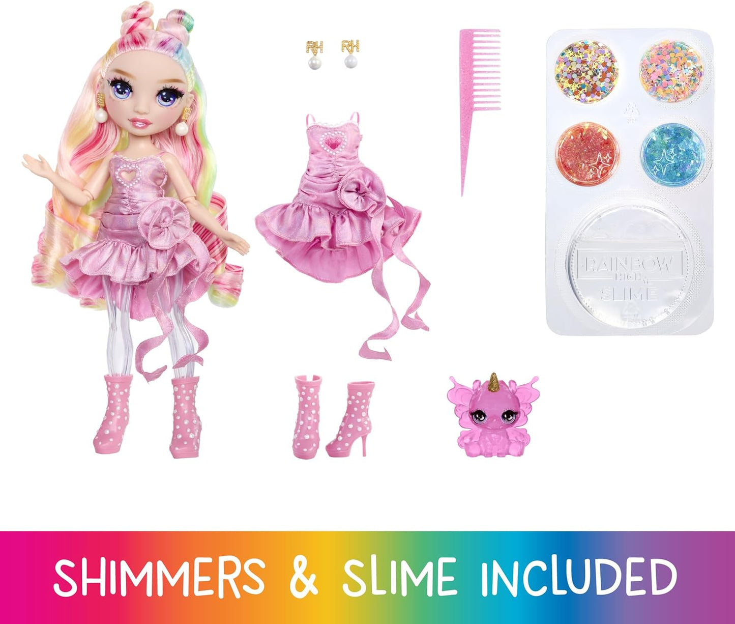 Rainbow High Rainbow Shimmers com Slime - Bella, Rosa - Boneca Fashion de 28cm, Acompanha Kit de Slime e uma Lhama de Estimação, Indicada para Crianças a partir de 4 Anos