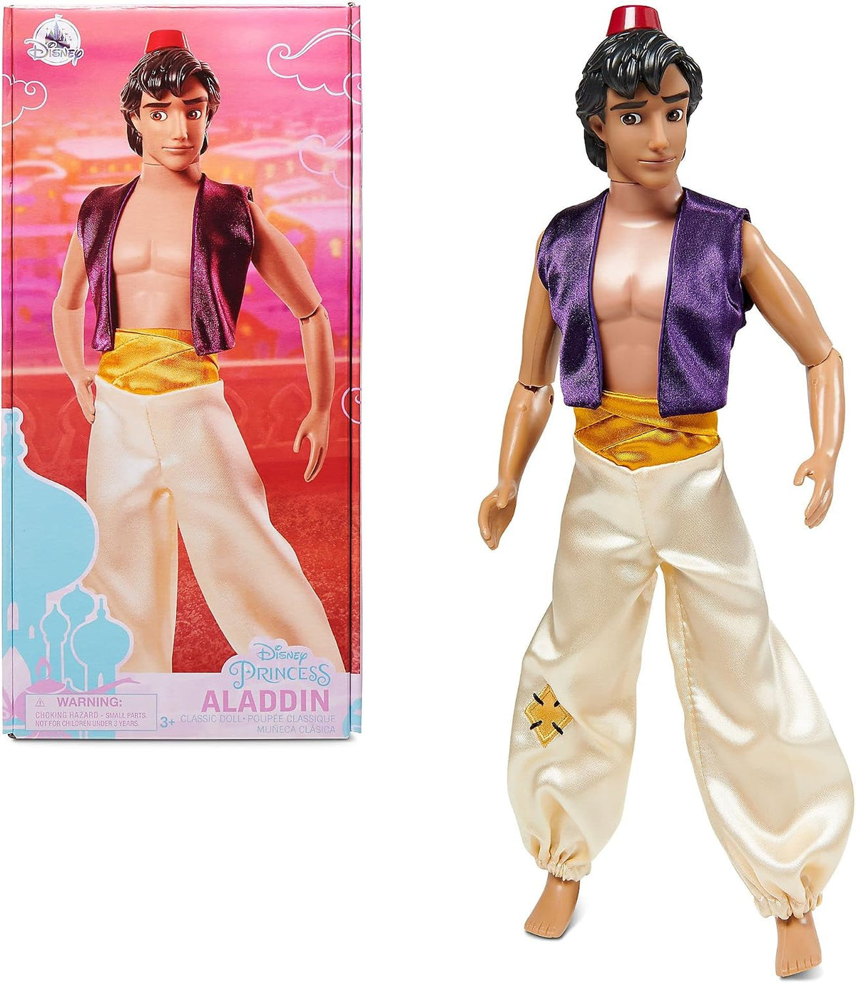 Disney Boneco Clássico Aladdin Store 32 cm – Braços, pernas e cabeça articulados, colete de cetim e faixa dourada