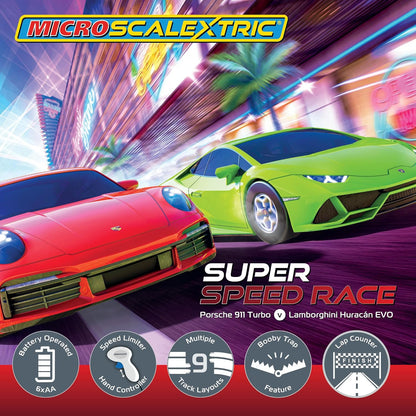 Scalextric Micro Scalextric - Conjunto de corrida de super velocidade Lamborghini vs Porsche - Conjuntos de corrida movidos a bateria, pistas de corrida de slot car