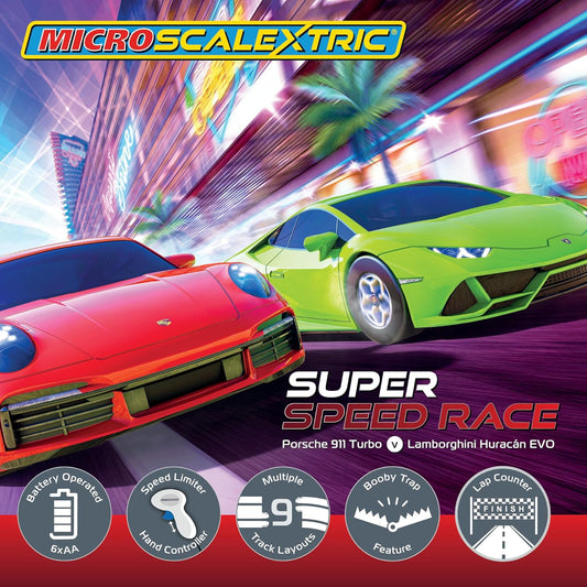 Scalextric Micro Scalextric - Lamborghini vs Porsche Super Speed ​​Racing Set - Sets de Carreras a Batería, Pistas de Carreras de Coches Slot