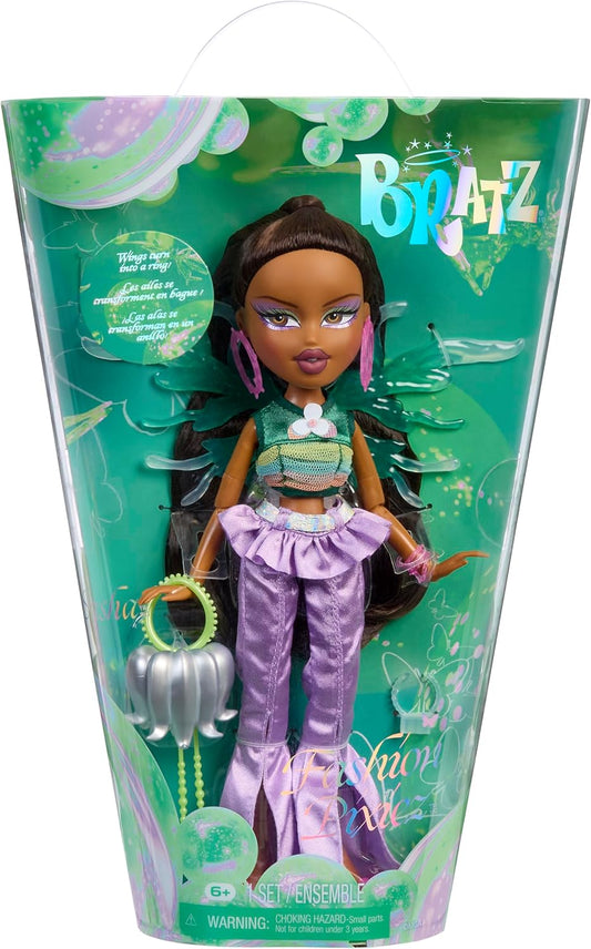 Bratz Fashion Pixiez Sasha - Boneca colecionável de fantasia com roupas e acessórios de verdade, asas que se transformam em anel, roxa, 29 cm
