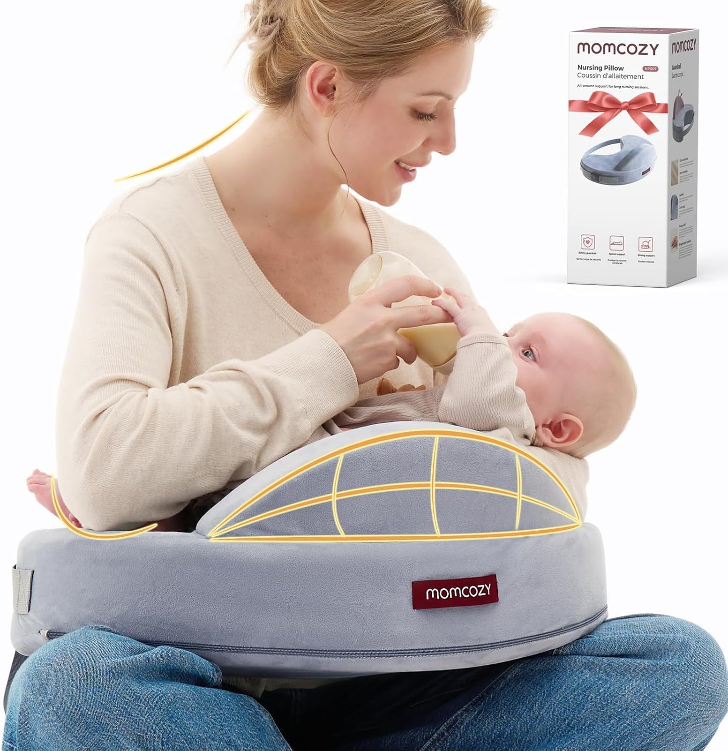 Momcozy Almofada de Amamentação com Cerca de Segurança Inovadora - Espuma Viscoelástica Firme e Elástica - Suporte Estável e Ergonômico para Conforto - Almofada de Amamentação Mais Larga, Ajustável, Capa Removível,