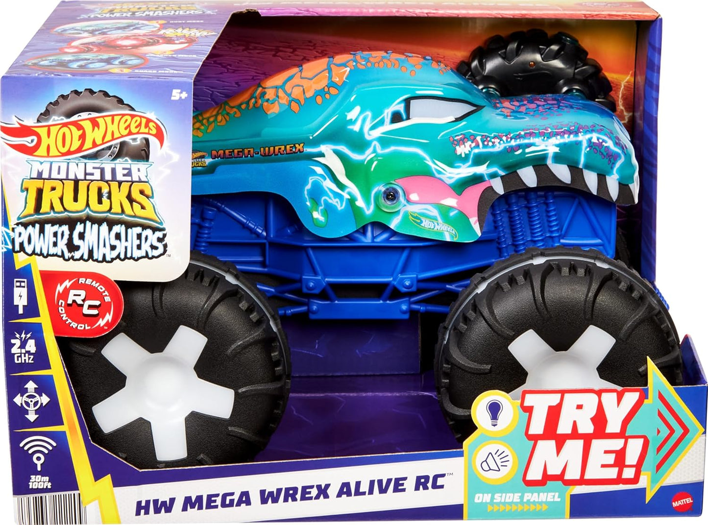 Hot Wheels Monster Trucks Coche de control remoto, vehículo RC a batería Mega-Wrex Alive a escala 1:15 con luces y sonidos