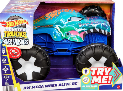 Hot Wheels Monster Trucks Coche de control remoto, vehículo RC a batería Mega-Wrex Alive a escala 1:15 con luces y sonidos