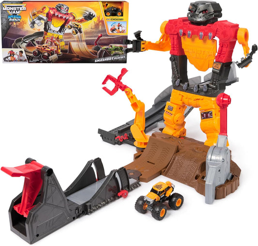 Monster Jam Conjunto de brinquedo Smash & Bash SmashBot com lançador, caminhão monstro exclusivo em escala 1:64, robô reparável de 38 cm, brinquedos infantis para meninos e meninas a partir de 3 anos.