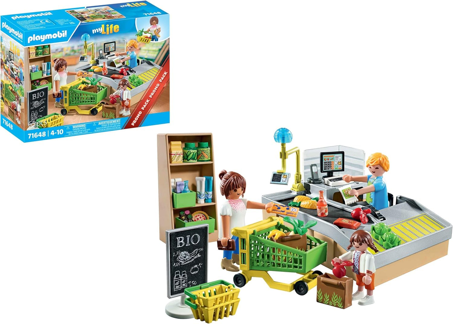 Playmobil 71648 MyLife: pacote promocional de supermercado orgânico, incluindo caixa com esteira transportadora, carrinho de compras e três figuras, conjuntos de jogos detalhados adequados para crianças de 4 anos ou mais