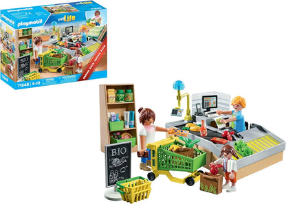 Playmobil 71648 MyLife: pacote promocional de supermercado orgânico, incluindo caixa com esteira transportadora, carrinho de compras e três figuras, conjuntos de jogos detalhados adequados para crianças de 4 anos ou mais