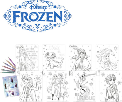 Conjunto de colorir Disney Frozen com 15 peças para crianças – 8 folhas para colorir, 6 lápis e adesivos reutilizáveis – Kit de atividades da Elsa e da Anna – Presente de arte e artesanato para viagens para meninas a partir de 3 anos
