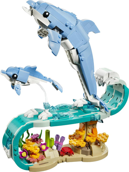 LEGO Creator 3 em 1 Animais Marinhos: Lindos Golfinhos de Brinquedo - Figura de Animal Marinho que se Transforma em Cavalo-Marinho ou Caranguejo - Ideia de Decoração DIY para o Quarto - Presente Criativo para Meninas e Meninos