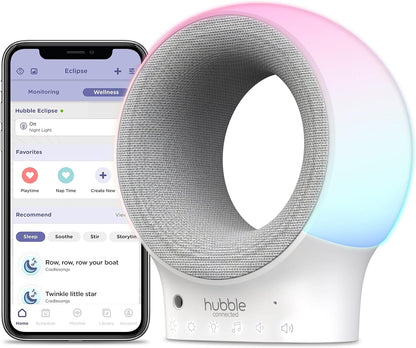 Hubble Monitor de áudio e chupeta Eclipse Smart Baby com luz noturna de 7 cores, alto-falante com música calmante e faixas de sono, sensor de temperatura ambiente, treinador de sono com conectividade Wi-Fi