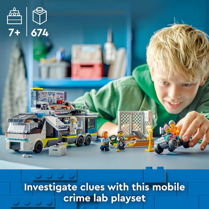 LEGO Brinquedo de caminhão de laboratório criminal móvel da polícia da cidade para meninos, meninas e crianças de 7 anos ou mais, conjunto de veículos com quadriciclo, 2 oficiais, 1 cientista e 2 minifiguras de bandido para brincadeiras
