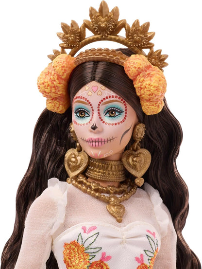 Barbie Signature Doll, Día De Muertos 2025 Collectible em vestido creme com babados, adornado com cravos-de-defunto e fita, coroa de flores e pintura facial de caveira, JBJ05
