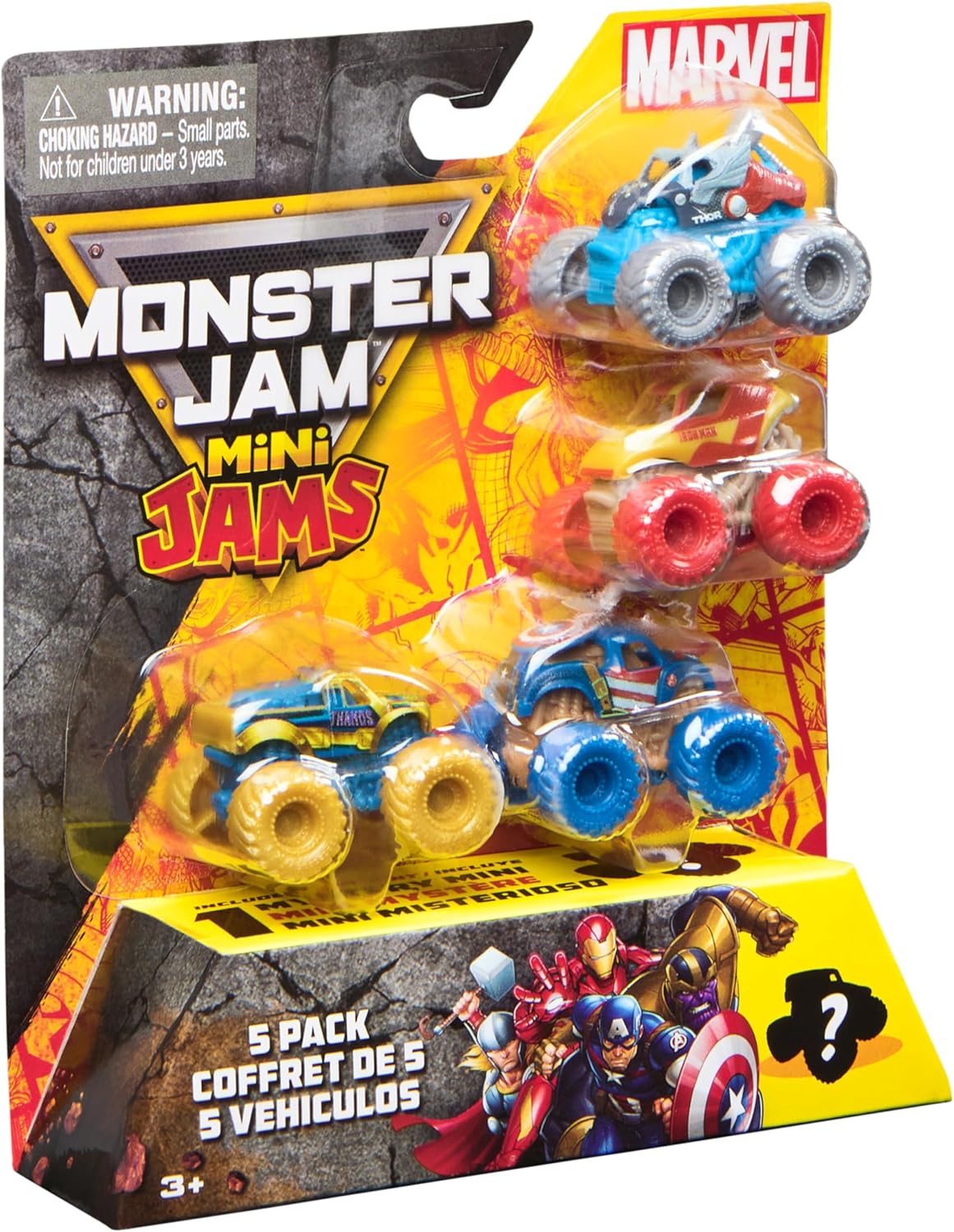 Monster Jam, Marvel Mini Pacote Oficial com 5 Miniaturas e Caminhão Monstro Colecionável Misterioso, Escala 1:87, Brinquedos Surpresa para Crianças a partir de 3 Anos