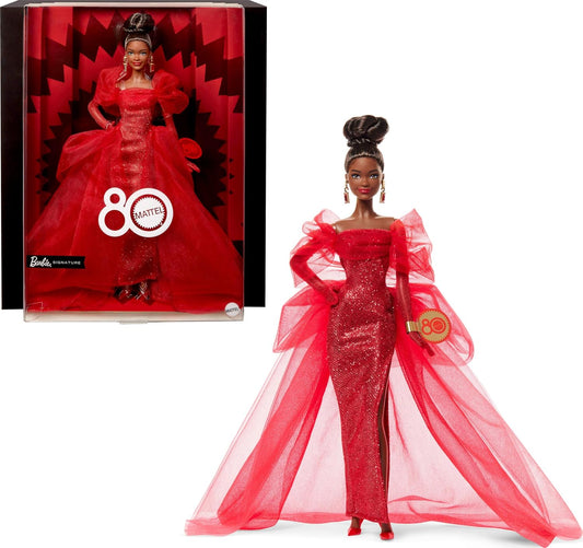 Barbie Boneca Signature, Edição Colecionável do 80º Aniversário da Mattel, em Vestido de Tule Vermelho Brilhante com Brincos Pendentes e Luvas Transparentes, Morena, JBJ18