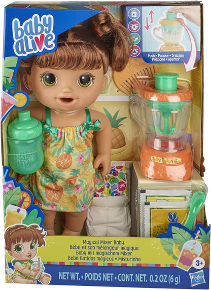 Baby Alive Magical Mixer Boneca Tropical Treat com acessórios de liquidificador, bebidas, molha, come, brinquedo de cabelo castanho para crianças a partir de 3 anos