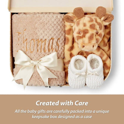 Presentes personalizados para bebês - Cesta para recém-nascidos em caixa de lembranças branca, inclui edredom de zebra para bebês, caixa de bebê, conjunto de presentes para recém-nascidos - 3 itens essenciais para bebês