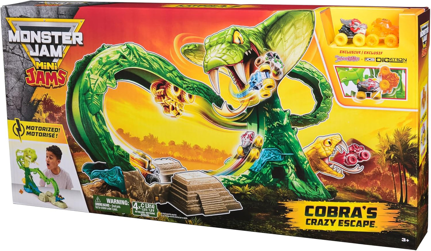 Monster Jam Mini Jams, Cobra’s Crazy Escape, conjunto de brinquedo motorizado de 71,1 cm, com 2 caminhões monstro exclusivos de metal fundido: ThunderROARus e JCB Digatron. Brinquedo infantil para meninos e meninas a partir de 3 anos.