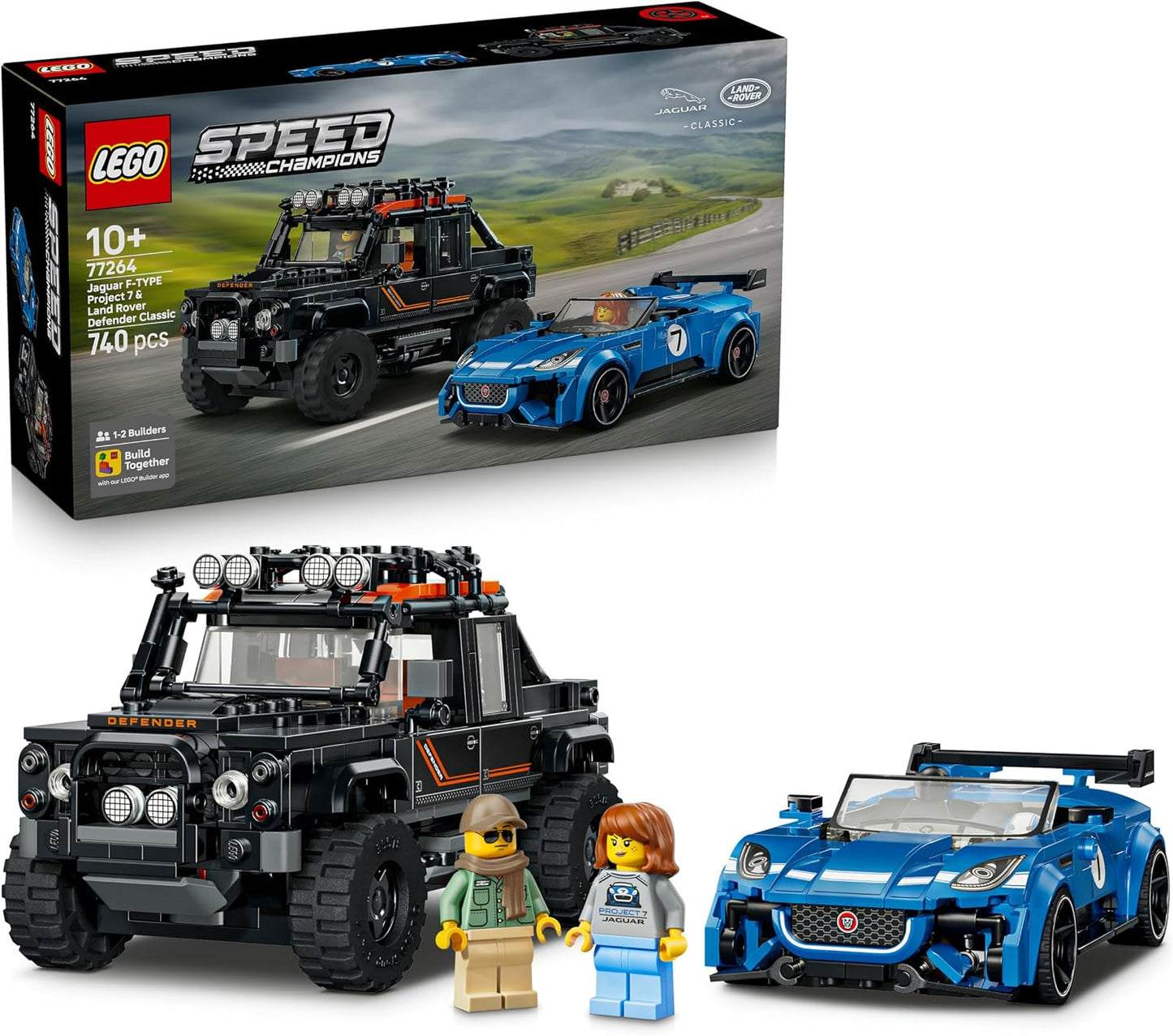 LEGO Speed Champions Jaguar Project 7 e Land Rover Defender – Kit de Modelo STEM com 2 Carros de Brinquedo e 2 Minifiguras de Piloto – Presente de Aniversário para Meninos a partir de 10 Anos – 77264