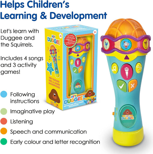 Hey Duggee Toys HD23 Micrófono de juguete para niños - Ayuda con el desarrollo infantil, el aprendizaje, la observación y las habilidades de escucha - Funciones de tiempo de prueba y modos de canto, a partir de 3 años, gris claro