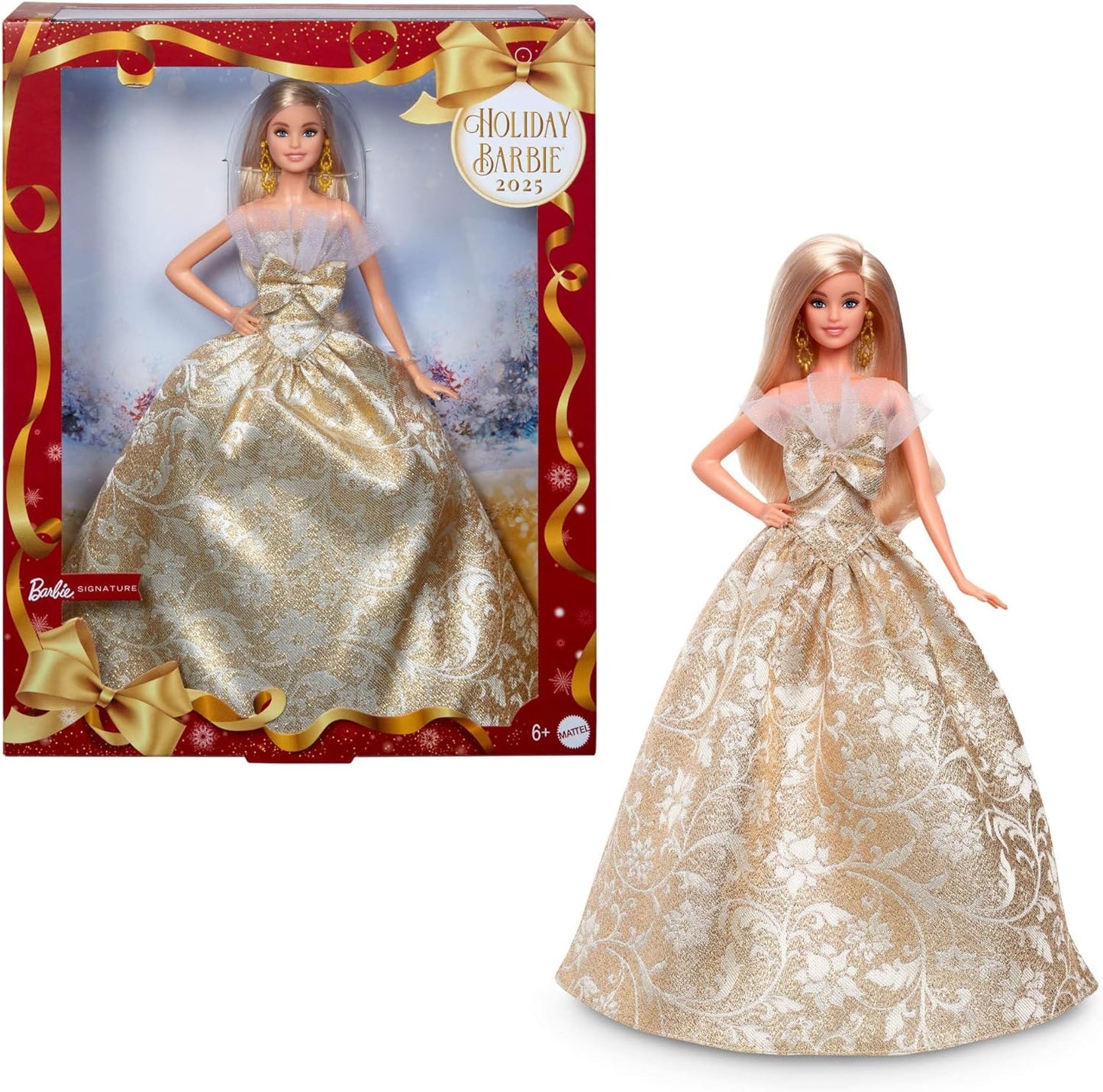 Barbie Signature, Barbie Loira de Natal 2025, Vestindo Vestido Prateado e Dourado, Colecionável Sazonal em Embalagem e Suporte para Exibição, JBJ00