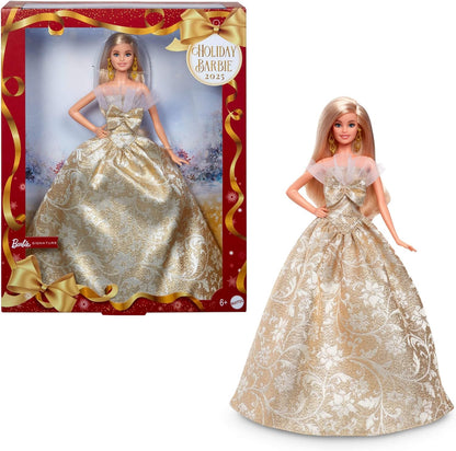 Barbie Signature, Barbie Loira de Natal 2025, Vestindo Vestido Prateado e Dourado, Colecionável Sazonal em Embalagem e Suporte para Exibição, JBJ00