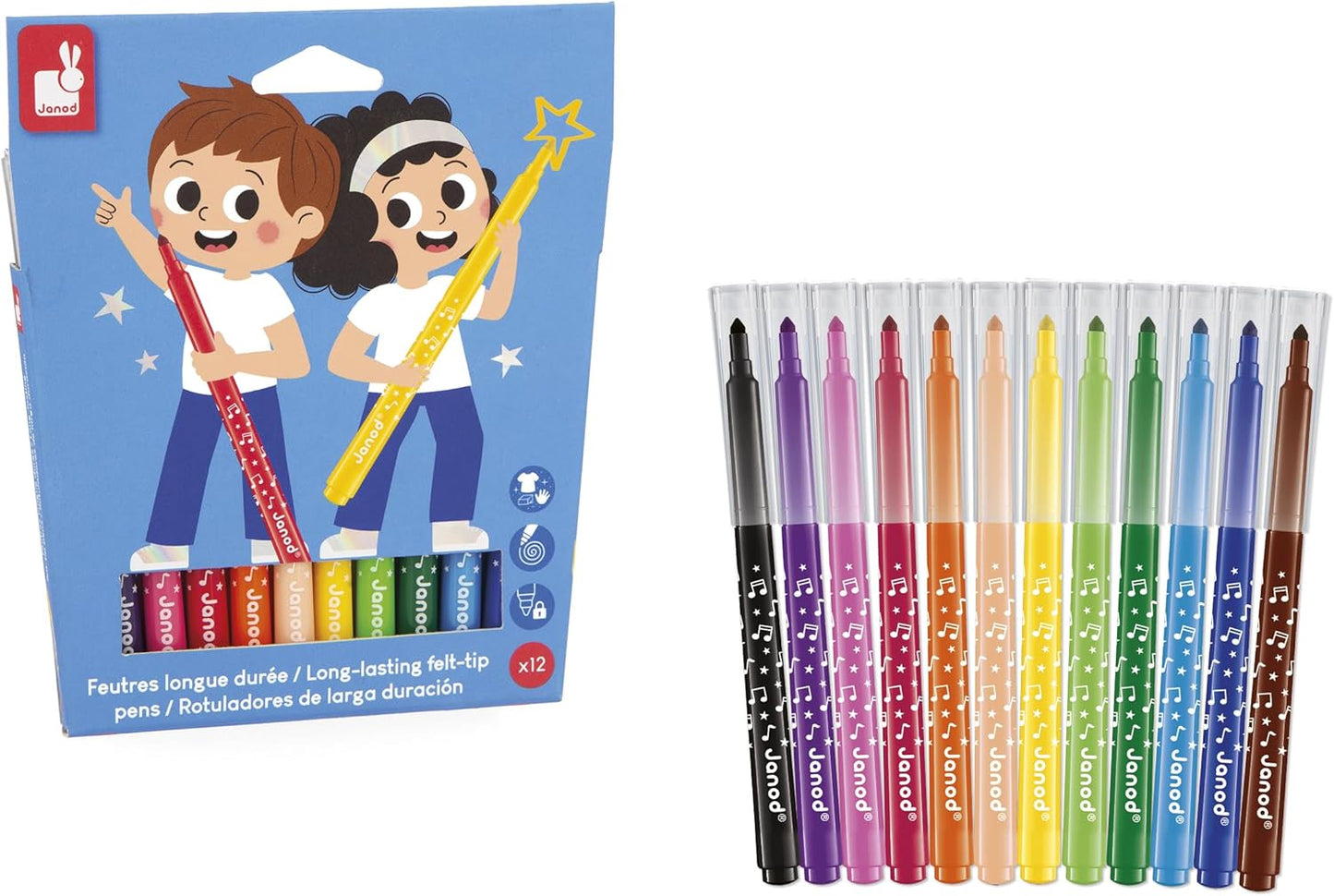 Janod - Canetas hidrográficas de longa duração - Ponta travada e cônica para diferentes espessuras de linha - Tinta lavável - Hobbies e artesanato criativos - Idades 3+