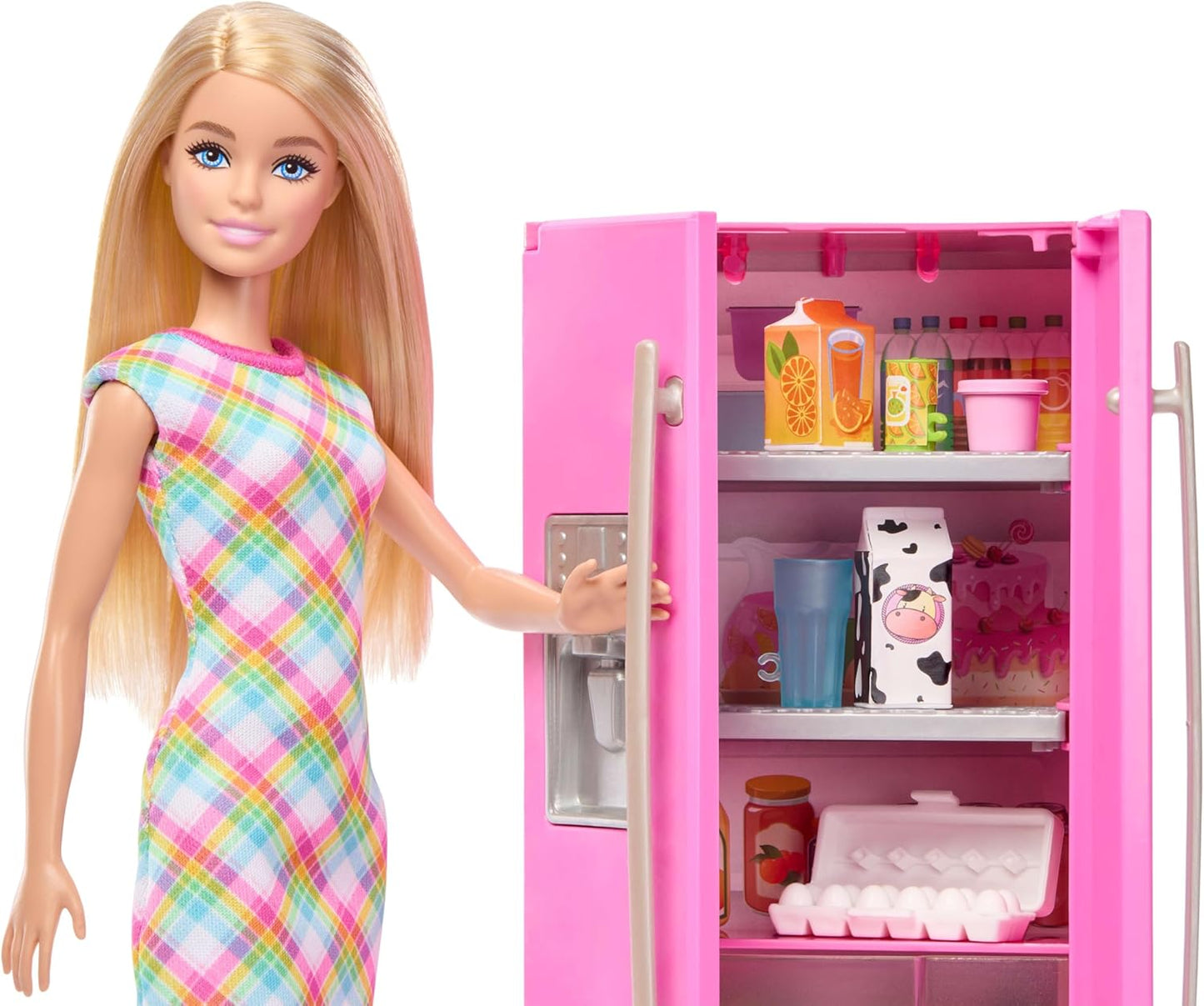 Barbie Boneca e Conjunto de Cozinha com Geladeira e 10 Acessórios, Incluindo Comidas, Mais Cartela de Adesivos, JKB52