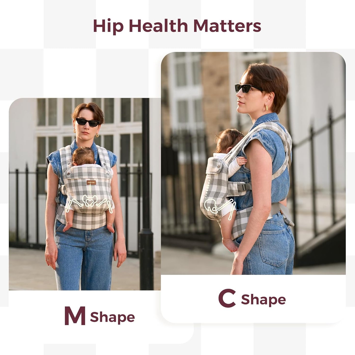 Momcozy Canguru em linho de algodão natural, resistente, design ergonômico, leve e confortável, mãos livres para mamães e papais, estampa xadrez cinza.