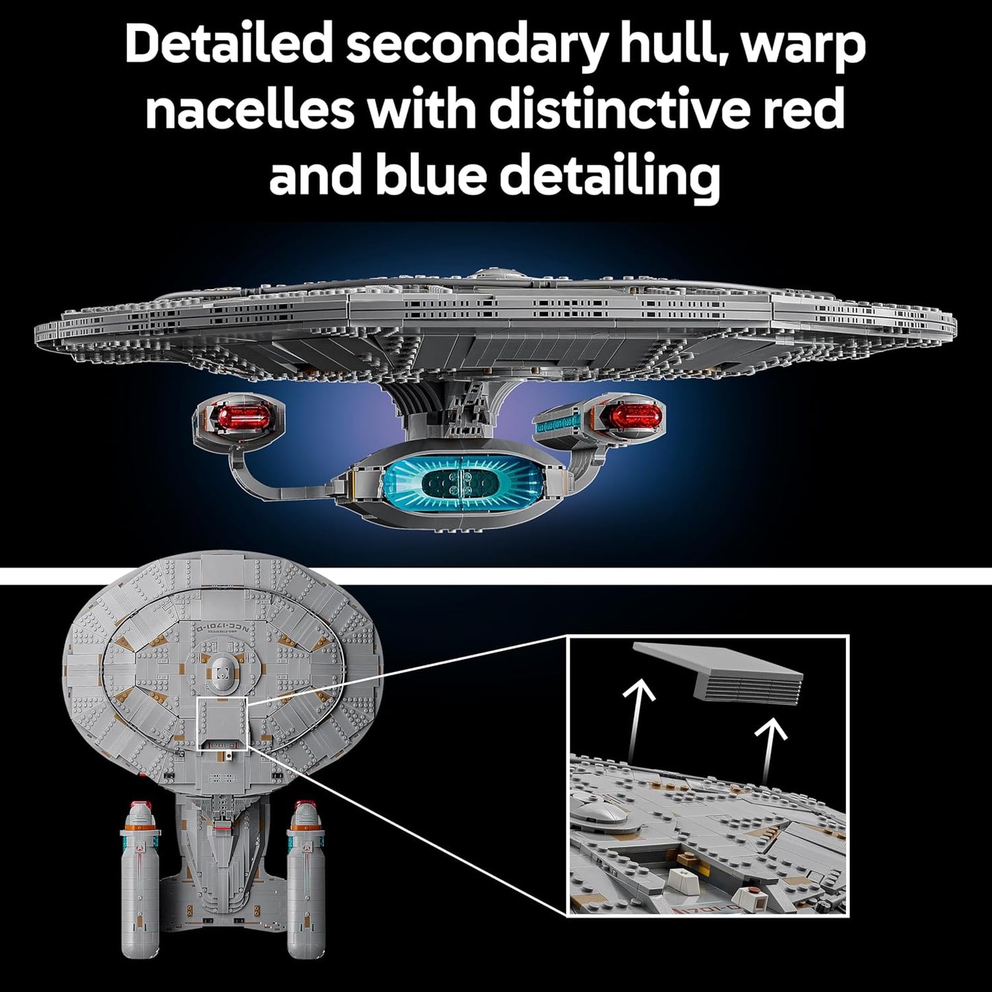 LEGO Icons Star Trek: U.S.S. Enterprise NCC-1701-D - Kit de Modelo para Exibição para Adultos - 2 Cápsulas de Transporte, Função de Separação e 9 Minifiguras, incluindo Jean-Luc Picard e William Riker - Presente para Fãs - 10356