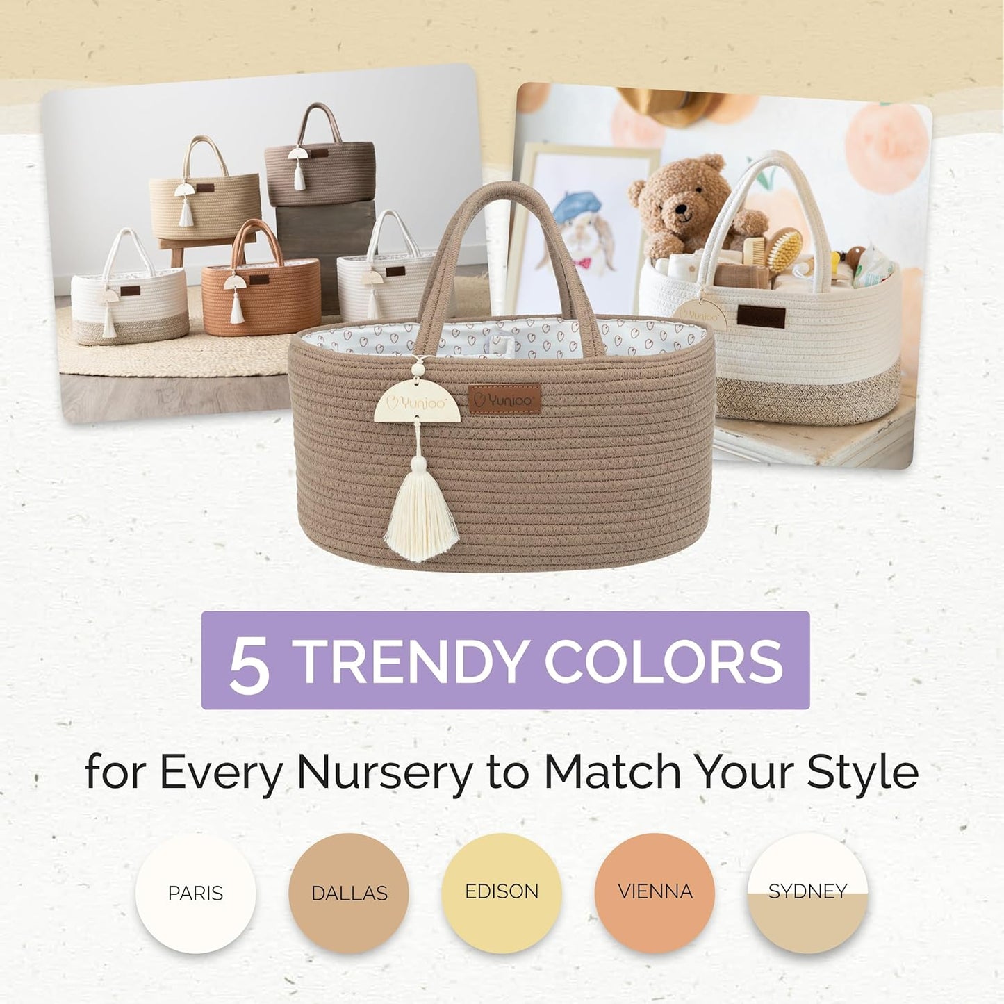 Organizador de fraldas Yunioo, carrinho de bebê, bolsa portátil para troca de fraldas, cesto de armazenamento para berçário com alças resistentes, divisórias removíveis, ideal para presentes de chá de bebê e itens essenciais para recém-nascidos