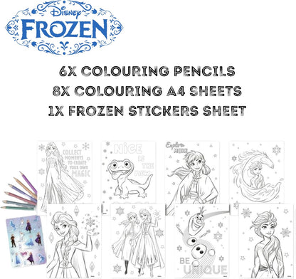 Conjunto de colorir Disney Frozen com 15 peças para crianças – 8 folhas para colorir, 6 lápis e adesivos reutilizáveis – Kit de atividades da Elsa e da Anna – Presente de arte e artesanato para viagens para meninas a partir de 3 anos