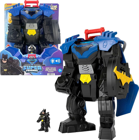 Fisher-Price Imaginext DC Super Friends Batman Robô de Voo com Luzes, Sons, Movimento e Figura de Ação de 7,6 cm (3 polegadas), Brinquedo de 37 cm (14,5 polegadas) Inclui Lançador e Discos, JDL03