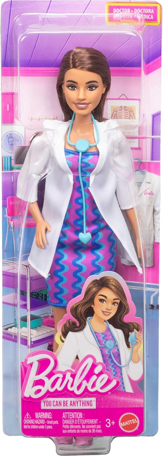 Barbie Profissões Médicas - Boneca Fashion com Roupa Removível: Jaleco Branco, Vestido e Sapatos, Além de Estetoscópio como Acessório, JKF76