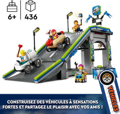 LEGO City No Limits: Conjunto de pista de rampa para carros de corrida - Brinquedos de construção para meninos e meninas com mais de 6 anos - Rampa construível para corridas com 2 carros de sabão e 4 minifiguras - Aniversário divertido