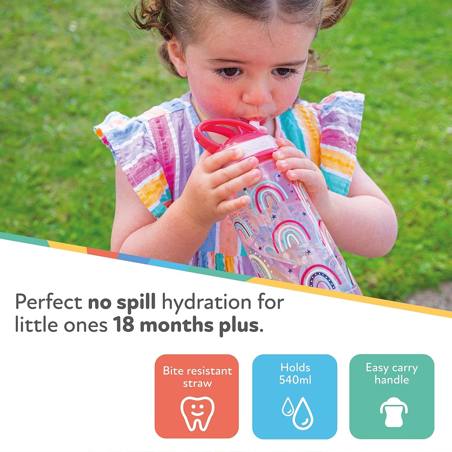 Nuby Garrafa de água Super Flip - Copo com canudinho antiderramamento para crianças pequenas | 540 ml/19 oz | Alça de transporte | Fluxo livre | Pode ser lavado na máquina de lavar louça e esterilizado | Copo adequado para crianças de 18 meses ou mais
