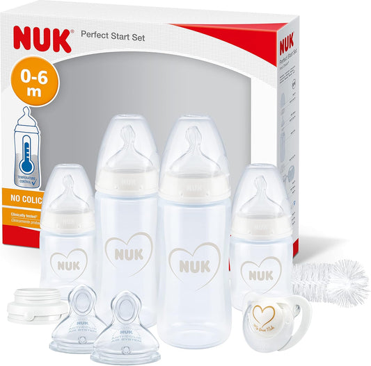 NUK Conjunto de Mamadeiras Perfect Start First Choice+ | 0-6 Meses | 4 Mamadeiras Anticólicas, Chupeta, Escova para Mamadeira e Mais | Livre de BPA | 10 Unidades