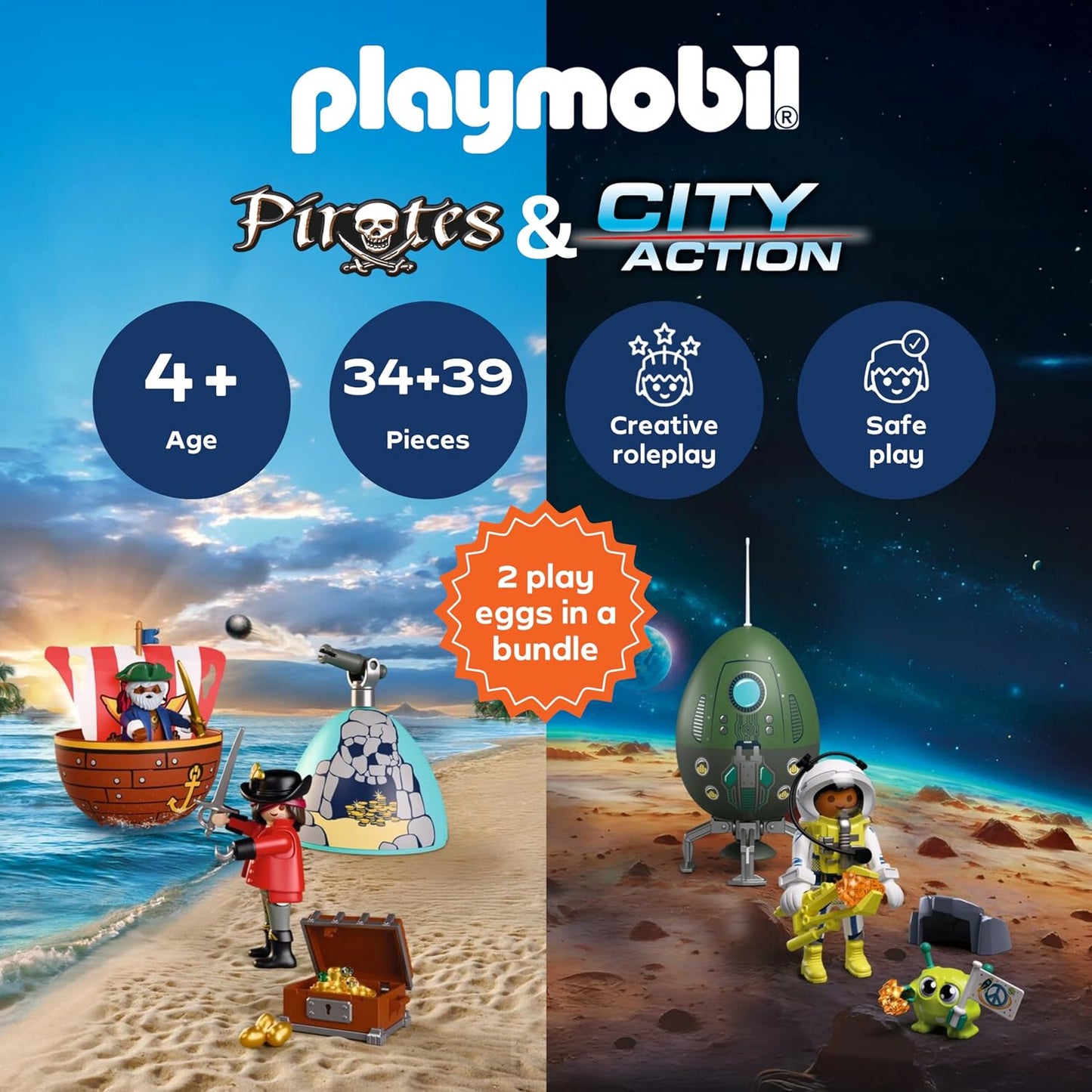 Playmobil Conjunto Play Egg Piratas e Espaço | 2 Ovos Surpresa com Bonecos e Acessórios | Mini Mundo para Montar | Reutilizável como Cofre | Presente de Páscoa para Crianças a partir de 4 Anos | 210447