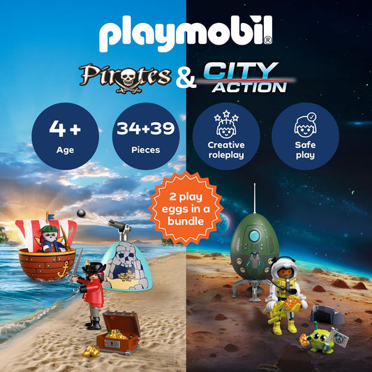 Playmobil Conjunto Play Egg Piratas e Espaço | 2 Ovos Surpresa com Bonecos e Acessórios | Mini Mundo para Montar | Reutilizável como Cofre | Presente de Páscoa para Crianças a partir de 4 Anos | 210447