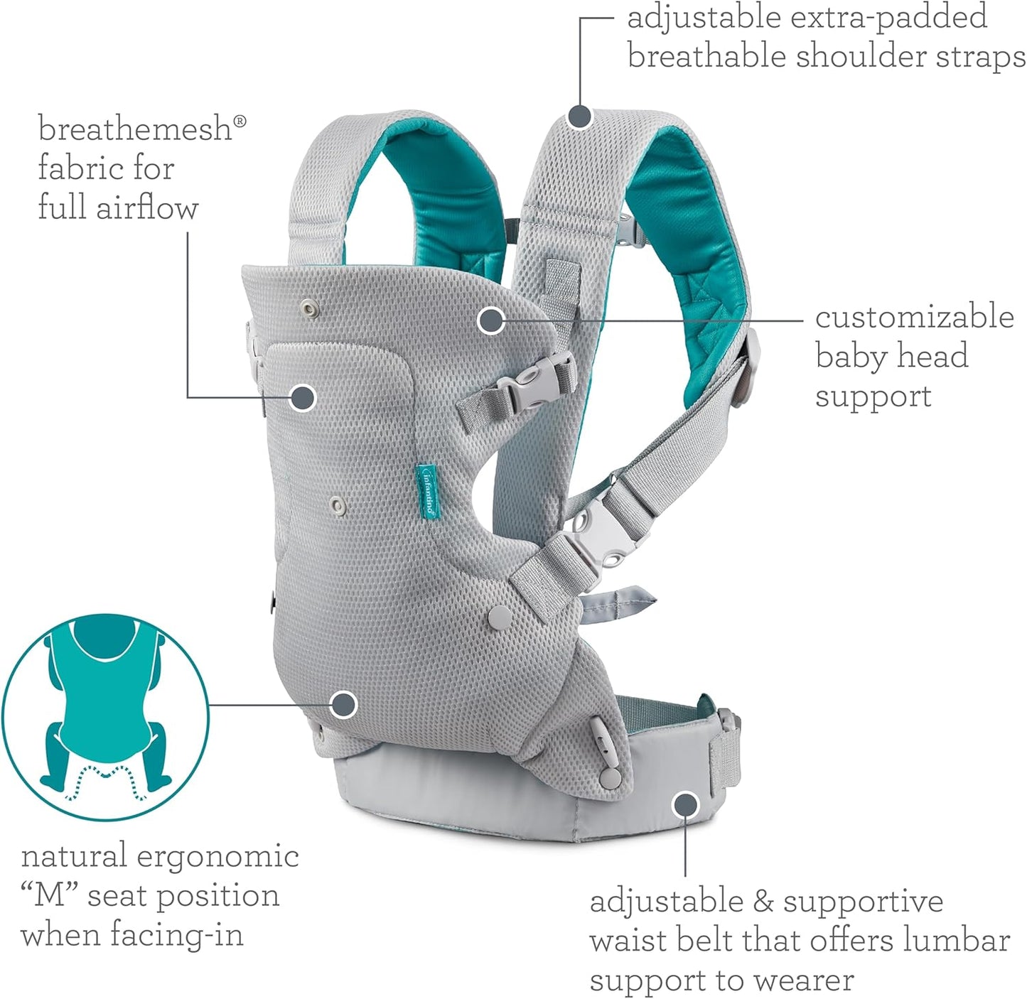 Infantino Canguru Flip 4 em 1 Leve e Arejado - Respirável, com Suporte Lombar, Cinto de Cintura Ajustável, Apoio de Cabeça, Assento Ergonômico e Alças Macias para Bebês de 3,6 a 14,5 kg
