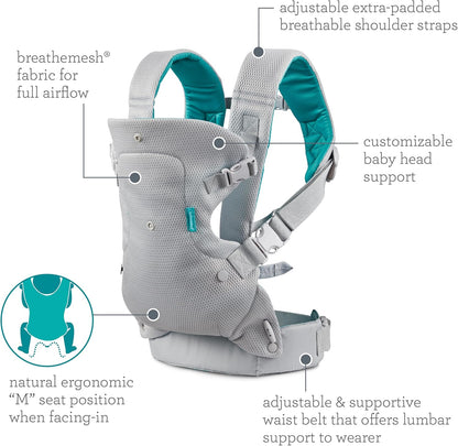 Infantino Canguru Flip 4 em 1 Leve e Arejado - Respirável, com Suporte Lombar, Cinto de Cintura Ajustável, Apoio de Cabeça, Assento Ergonômico e Alças Macias para Bebês de 3,6 a 14,5 kg
