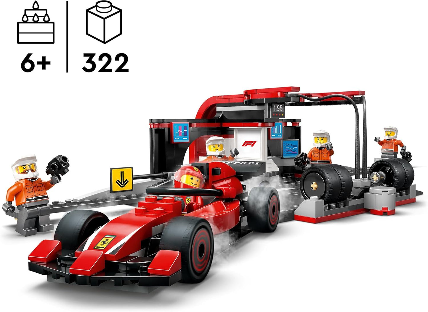 LEGO City F1 Pit Stop e Pit Crew com Ferrari Car Toy - Conjunto de Fórmula 1 incl. uma minifigura de motorista, 4 mecânicos, pneus sobressalentes e armas de roda - brinquedos de construção para meninos e meninas com mais de 6 anos