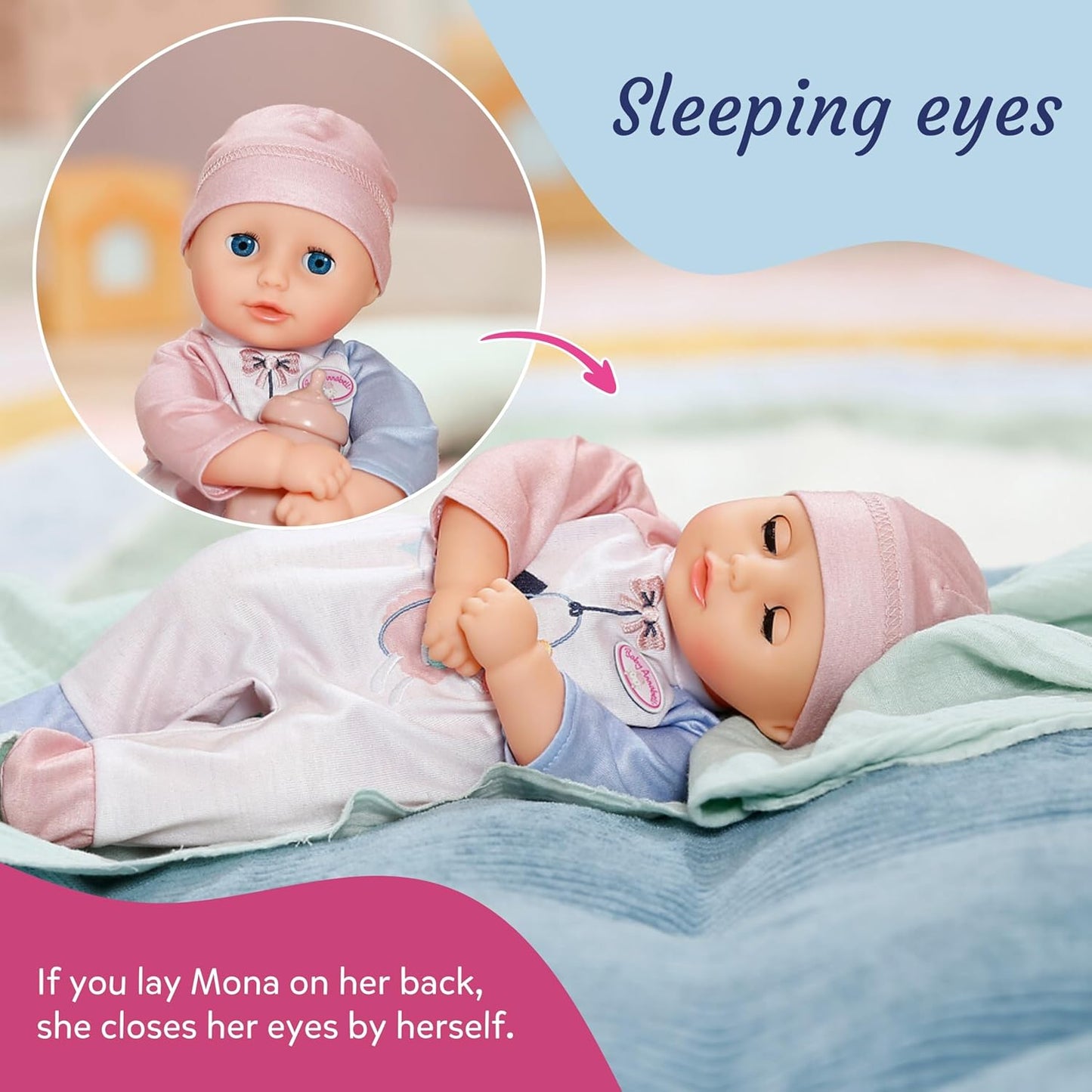 Baby Annabell Boneca Mona de 30 cm, macia e com corpo flexível, que fecha os olhos e acompanha mamadeira, chapéu e macacão. Ideal para crianças a partir de 1 ano de idade.