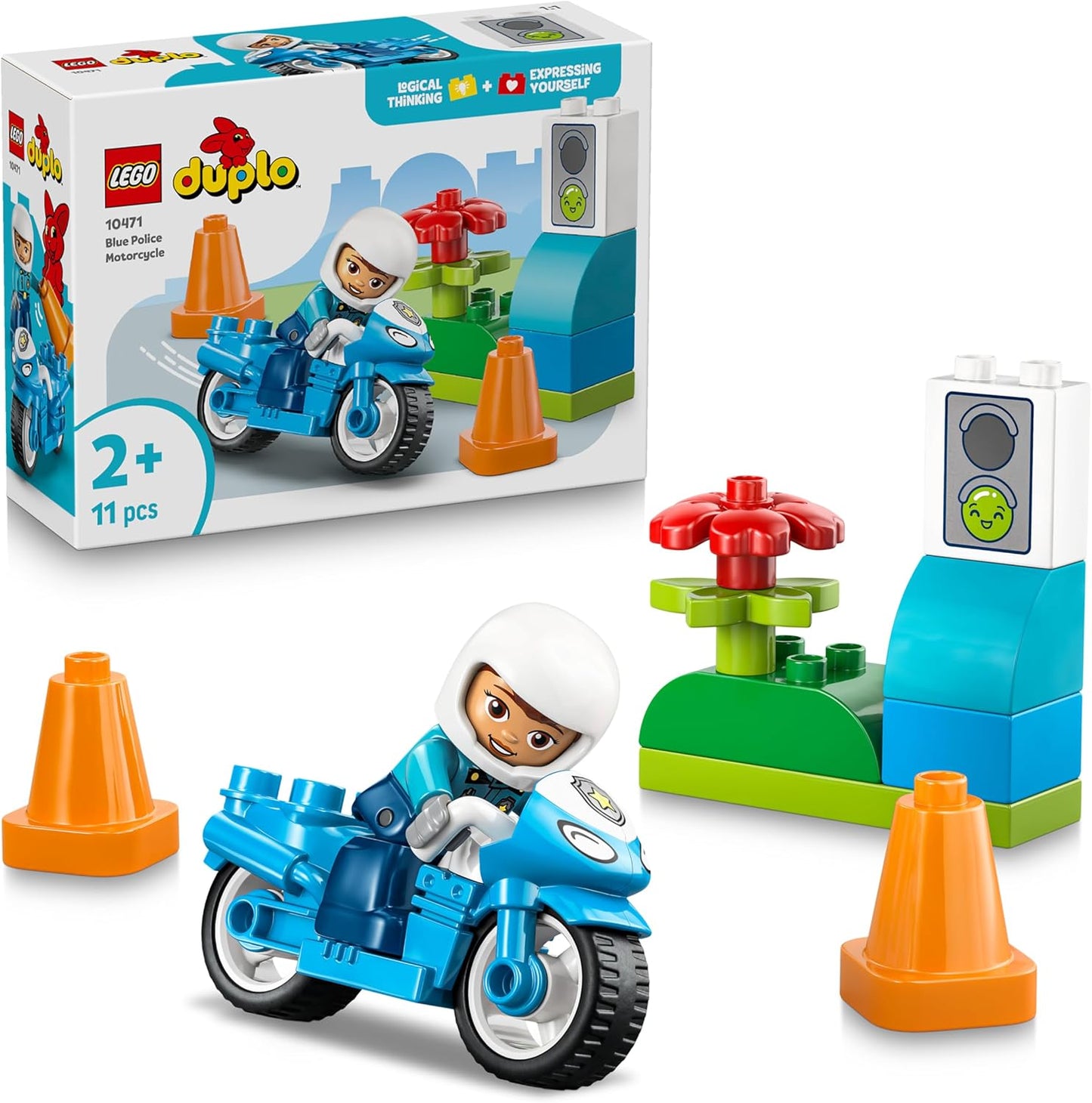 LEGO DUPLO Motocicleta Policial Azul - Brinquedo Educativo para Desenvolvimento da Coordenação Motora de Crianças Pequenas - Inclui Motocicleta, Figura de Policial e Semáforos - Presente de Aniversário para Meninos e Meninas a partir de 2 Anos - 10471