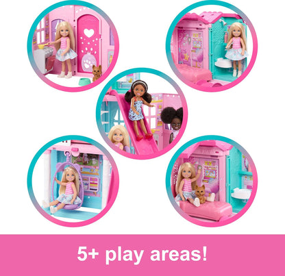 Barbie Casa de bonecas Chelsea com mais de 15 acessórios, casa pop-up que se expande para mais de 43 x 33 cm com 5 áreas de brincar e escorregador, inclui boneca pequena e cachorrinho de estimação, JFW49