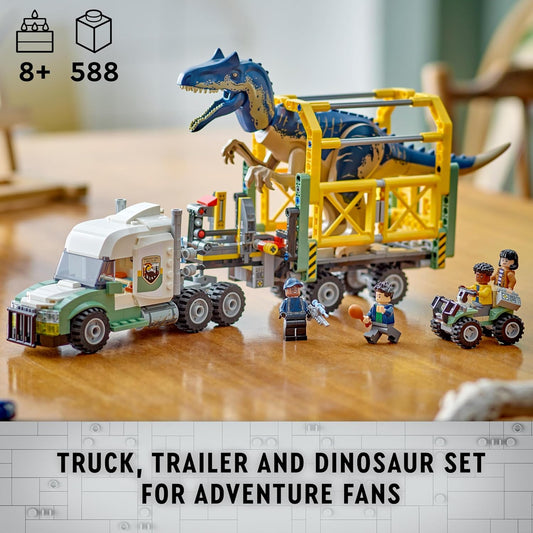 LEGO Jurassic World Misiones de dinosaurios: Camión de transporte de Allosaurus, divertida idea de regalo para fiestas infantiles con figuras de Kenji, Darius y Yaz para niños y niñas de 8 años en adelante