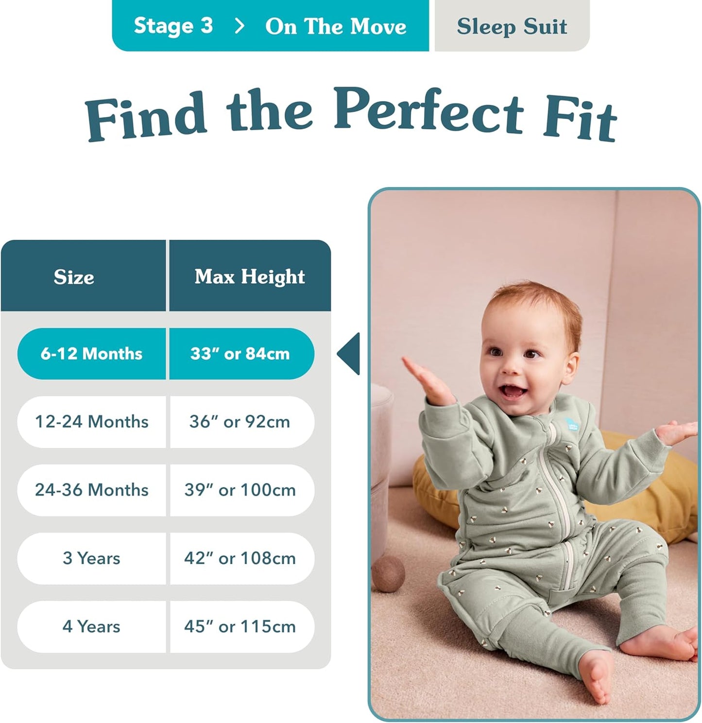 Love To Dream Macacão de dormir com pernas, 6-12 meses - Cinza | Manga comprida, leve, vestível e edredom | 3,5 Tog, ideal para inverno e outono (14–16 °C) | Algodão lavável à máquina e zíper duplo